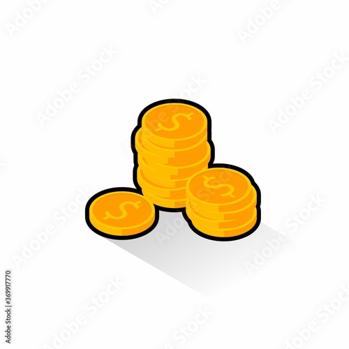 Gold coins stack Black Stroke & Shadow icon vector isometric.