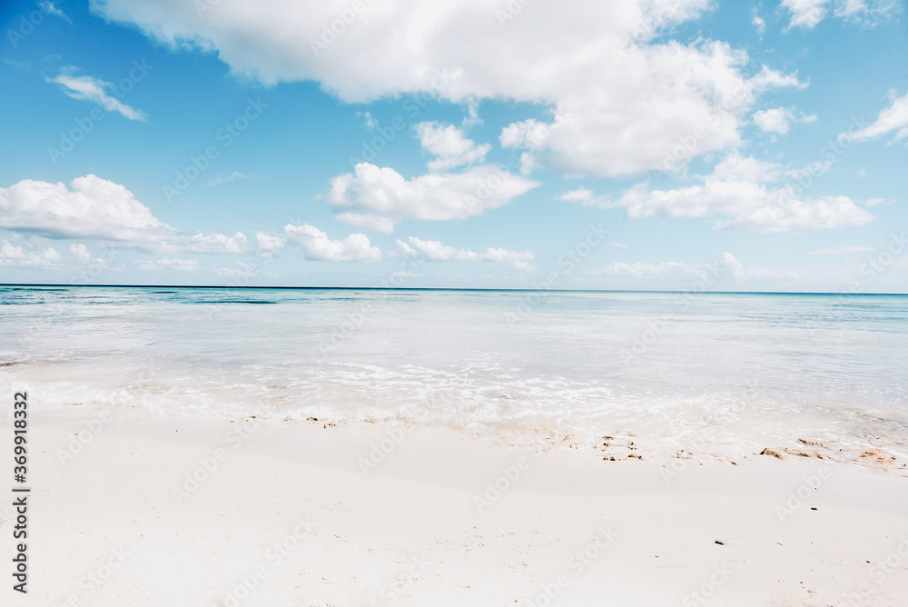 Fototapeta premium Tropical white sandy beach with palm trees. Serenity beach at sunrise. Beautiful holiday background.