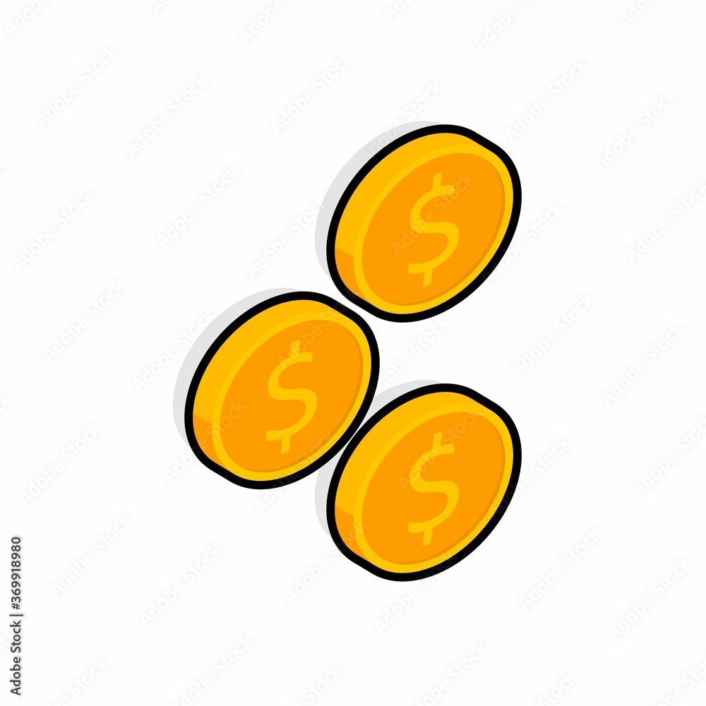Gold coin falling right view Black Stroke & Shadow icon vector isometric. Gold coin falling right view Black Stroke & Shadow icon vector isometric.