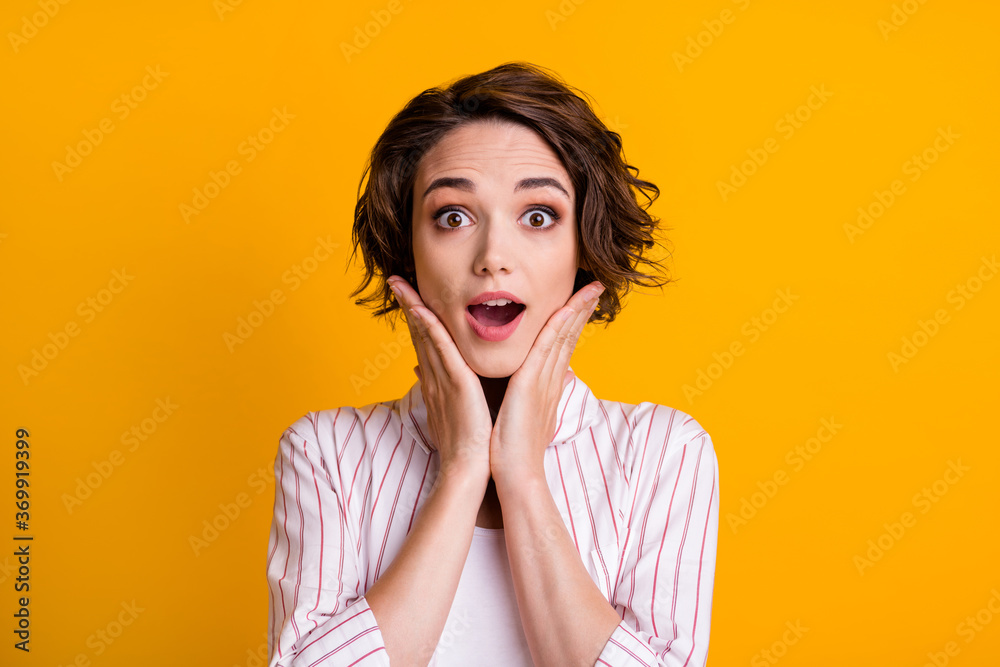 Photo of astonished positive gill look good wonderful novelty impressed touch hand face scream wear white striped clothes isolated over vibrant color background Photo of astonished positive gill look good wonderful novelty impressed touch hand face scream wear white striped clothes isolated over vibrant color background