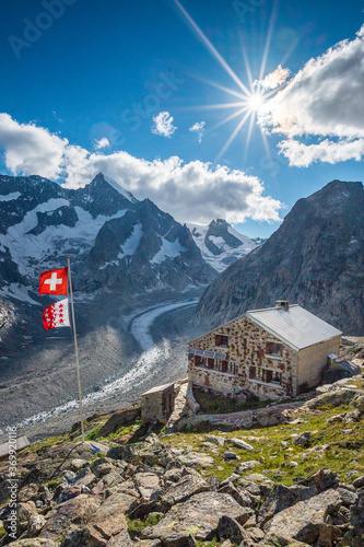 oberaletsch Mountain hut with Oberaletsch Glacier and the Swiss and Valais Flag