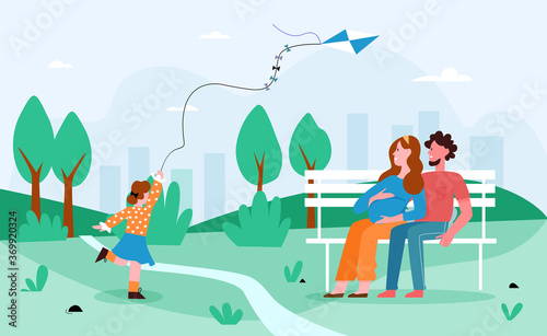 Family people in park vector illustration. Cartoon flat happy pregnant mother and father spend time together with girl kid in city park, child running with kite, summer outdoor activity background