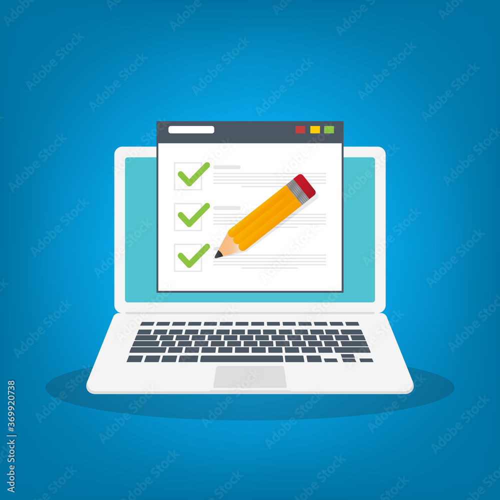 Check list document on laptop, laptop with paper check list and to do list with checkboxes, concept of survey, online quiz, completed things or done test, feedback. Flat vector illustration.