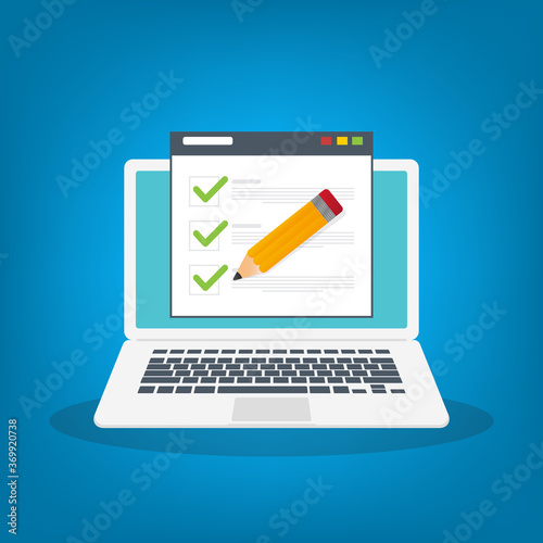 Check list document on laptop, laptop with paper check list and to do list with checkboxes, concept of survey, online quiz, completed things or done test, feedback. Flat vector illustration.