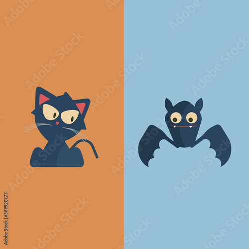 Halloween cat and bat are sitting and waiting for funny children