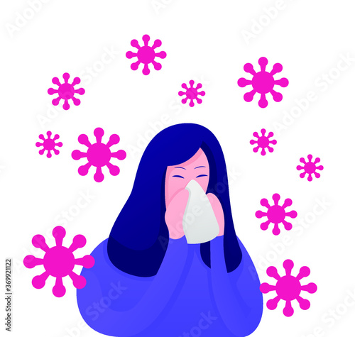 Female allergy vector illustration. Illness with cough, cold and sneeze symptoms.