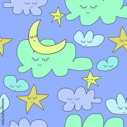 cute clouds, crescent moon and stars, seamless pattern