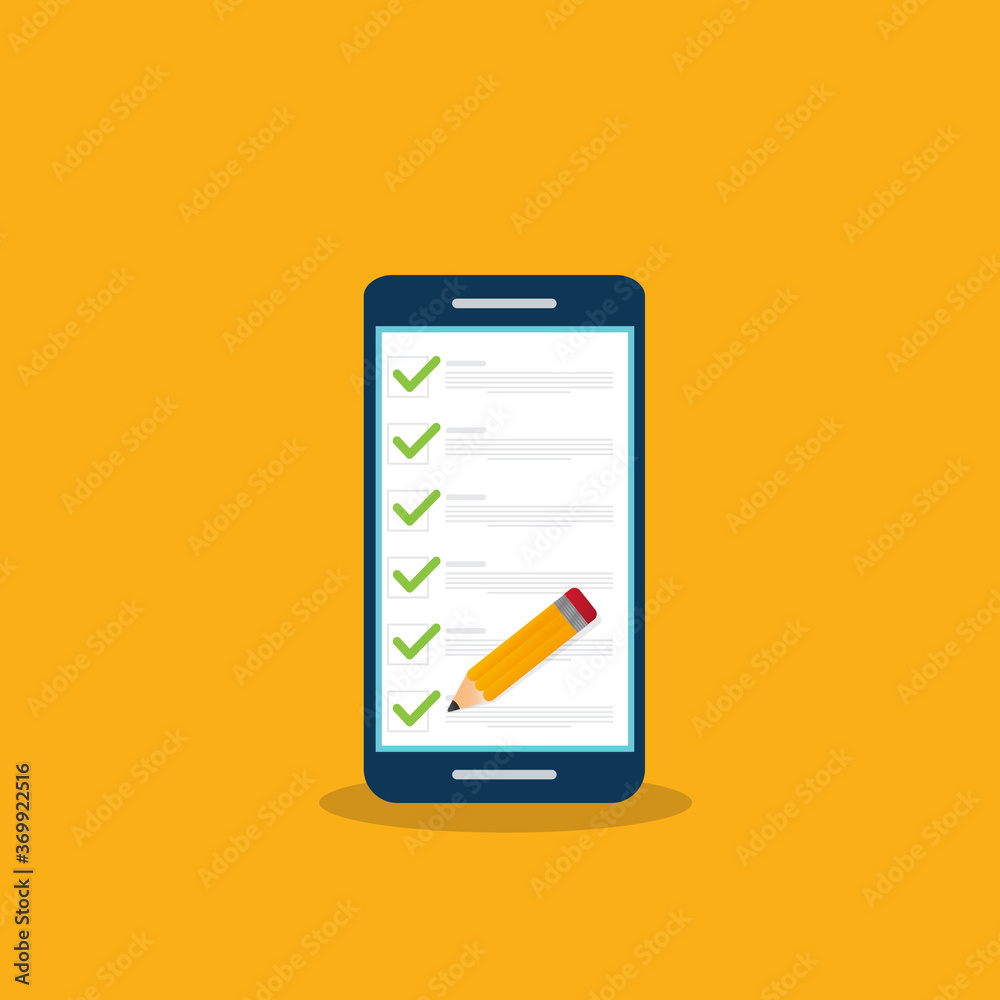 Check list document on smartphone, smartphone with paper check list and to do list with checkboxes, concept of survey, online quiz, completed things or done test, feedback. Flat vector illustration. Check list document on smartphone, smartphone with paper check list and to do list with checkboxes, concept of survey, online quiz, completed things or done test, feedback. Flat vector illustration.
