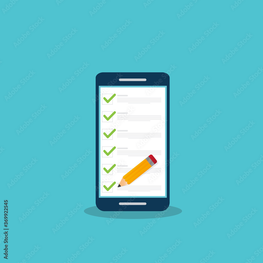 Check list document on smartphone, smartphone with paper check list and to do list with checkboxes, concept of survey, online quiz, completed things or done test, feedback. Flat vector illustration. Check list document on smartphone, smartphone with paper check list and to do list with checkboxes, concept of survey, online quiz, completed things or done test, feedback. Flat vector illustration.
