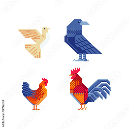 Birds, pigeon, crow, rooster and chicken. Pixel art set. Logo design. Stickers and embroidery design. Cartoon icon for children's mobile applications, book illustration. Game assets. Isolated vector. 