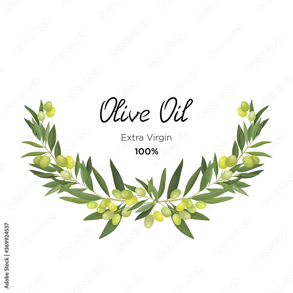 Vector Illustration  of a semicircle wreath of olive branches and fruits in a cartoon style. Olive frame for virgin oil, packaging and label and banner