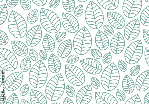 Seamless linear leaves pattern. Horizontal plant green leaf ornament. For labels  packaging or fabric. Chaotically scattered leaves. vector isolated