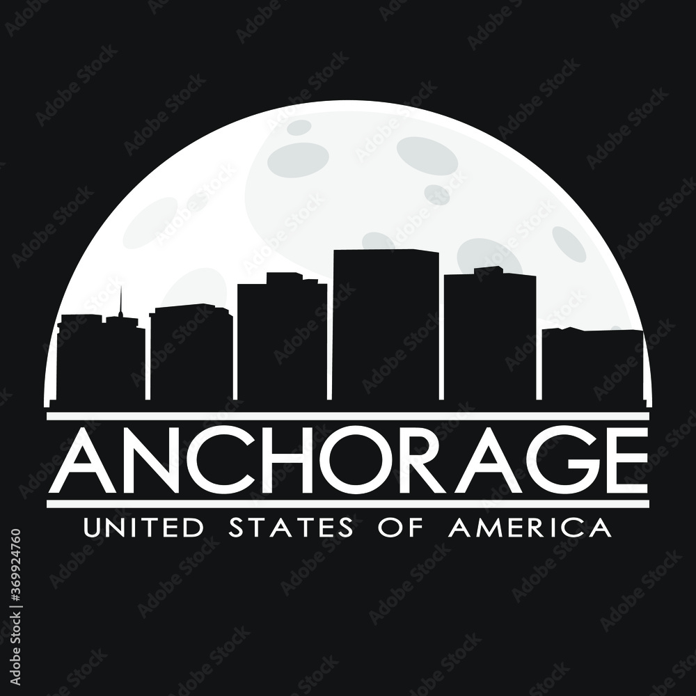 Anchorage Skyline Silhouette City Vector Design Art Landmark Moon.