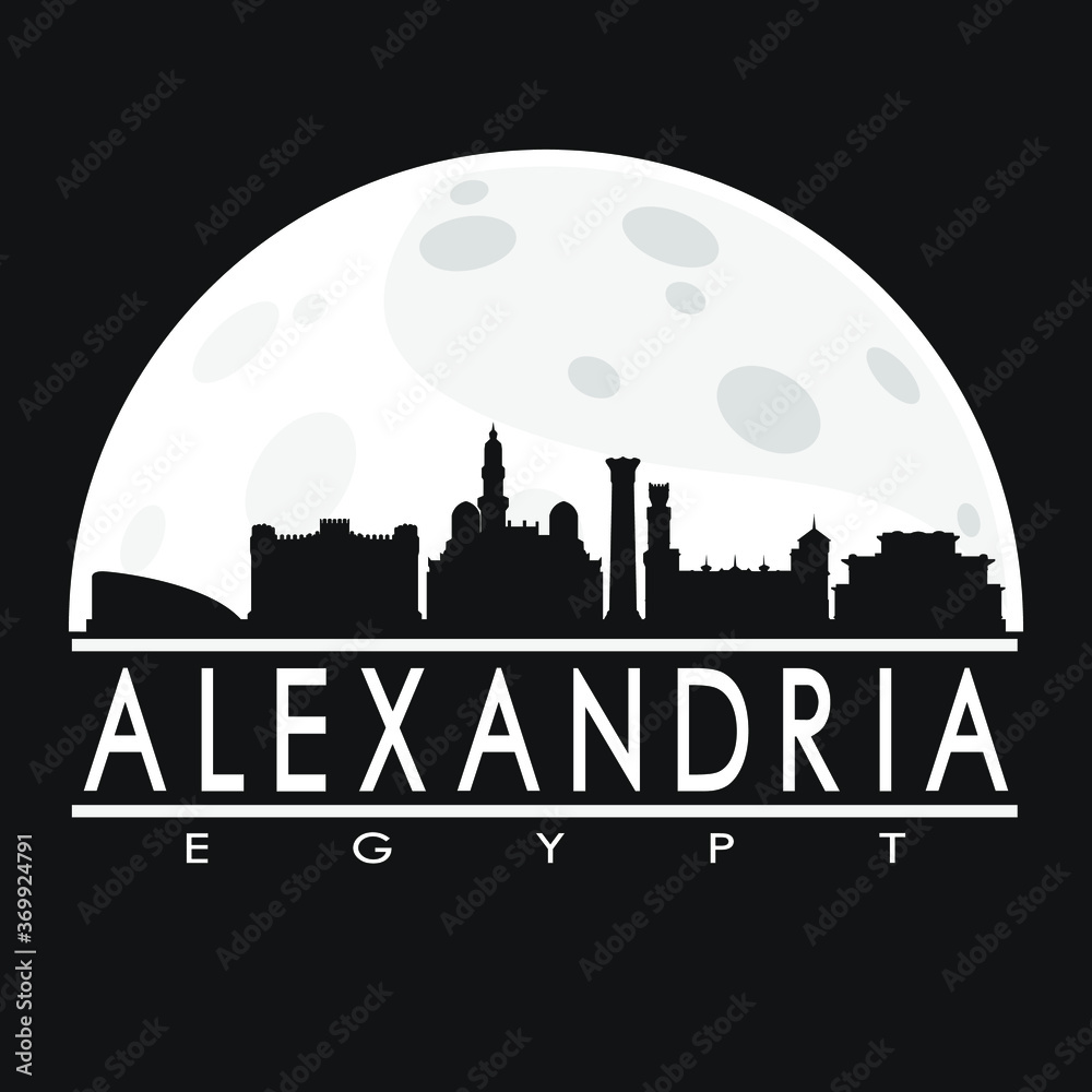 Alexandria Egypt Skyline City Flat Silhouette Design Background Moon.
