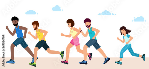 Sports competitions, outdoor training, athletics. Healthy active lifestyle. Men, women and children, in sports clothes, run a marathon. Vector illustration in modern flat style.