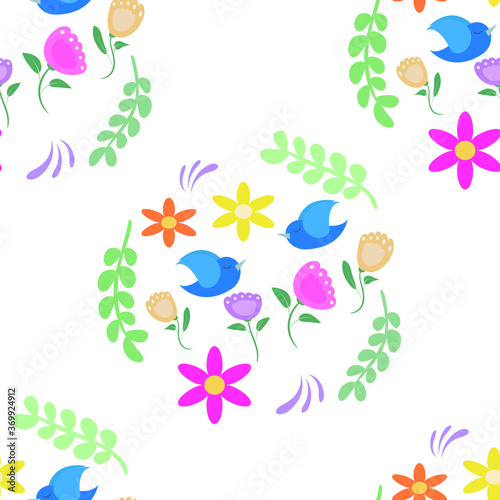 seamless pattern with cute birds and flowers, vector illustration