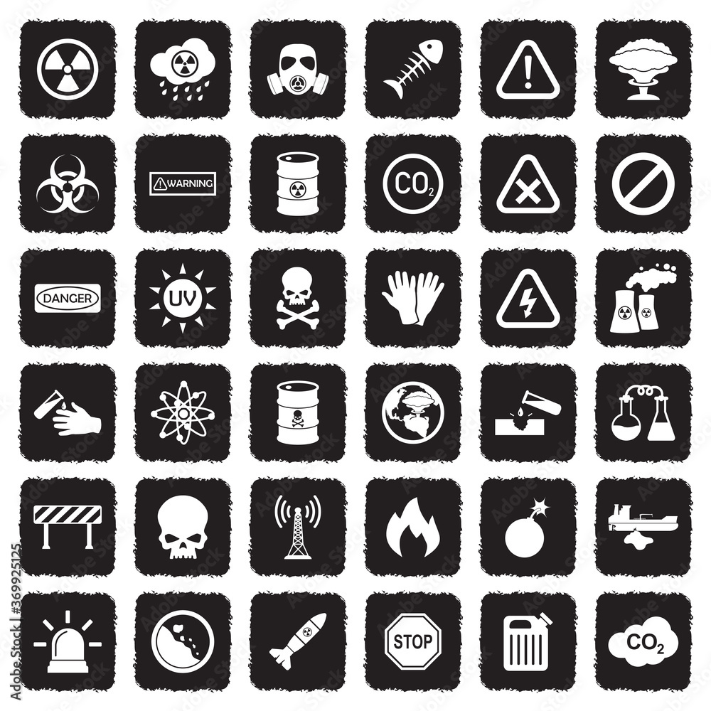 Biohazard And Danger Icons. Grunge Black Flat Design. Vector Illustration.