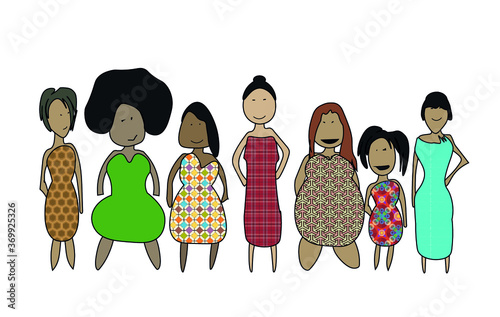 Diversity women of all races and shapes tall short tall fat skinny plus size women girls girl power Vector illustration