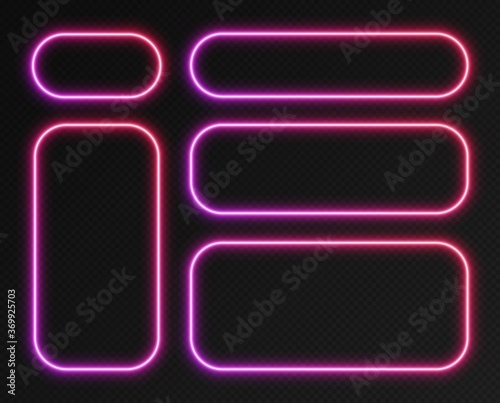 Neon gradient frames set, collection of purple-red glowing rounded rectangle borders isolated on a dark background. Colorful night banners, bright illuminated shapes, retro style vector light effect.