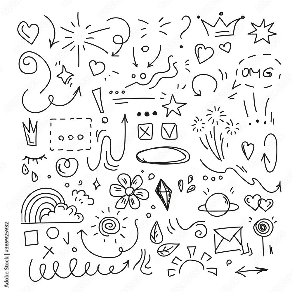 Fototapeta Hand drawn doodle vector isolated. Funny black outlined signs. Collection of sketches, decorative elements.