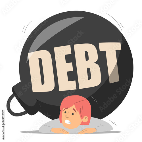 Businesswoman squashed by a huge metal weight vector isolated. Debt, idea of financial crisis and bankruptcy. Woman in despair.