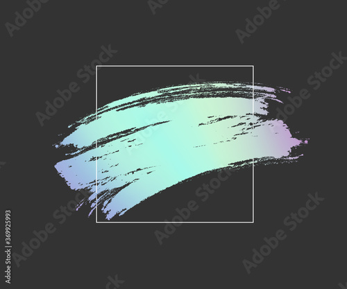 Hologram foil brush stroke with frame empty banner. Neon glossy metallic grunge or smudge paint texture isolated on black background. Vector holographic gradient brushstroke pattern
