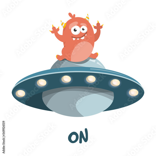 Learning preposition on vector isolated. Chilidish drawing with alien and UFO spaceship. English words learning with cute character.