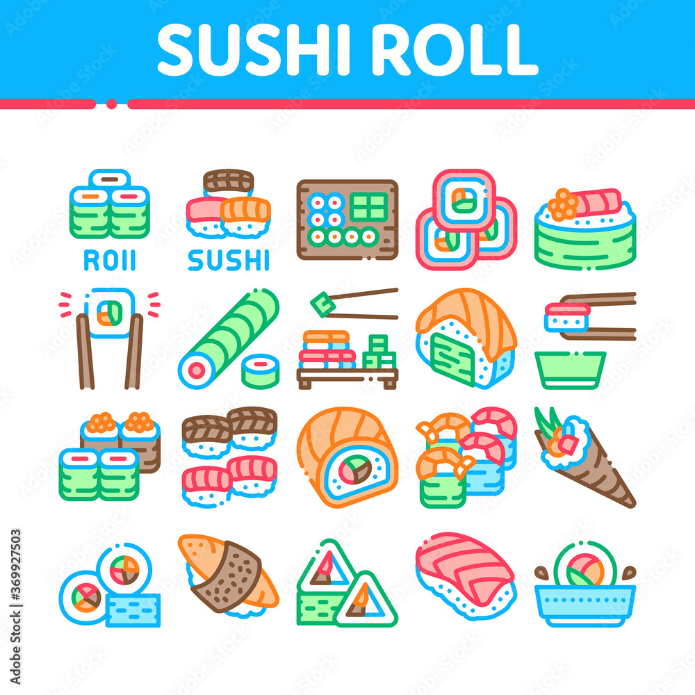 Naklejka premium Sushi Roll Asian Dish Collection Icons Set Vector. Sushi Roll Set Japanese Traditional Food Cooked From Rice And Fish, Shrimp And Cheese Concept Linear Pictograms. Color Contour Illustrations