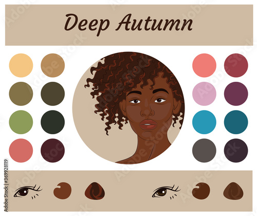 Stock vector seasonal color analysis palette for deep autumn. Best colors for deep autumn type of female appearance. Face of young african american woman