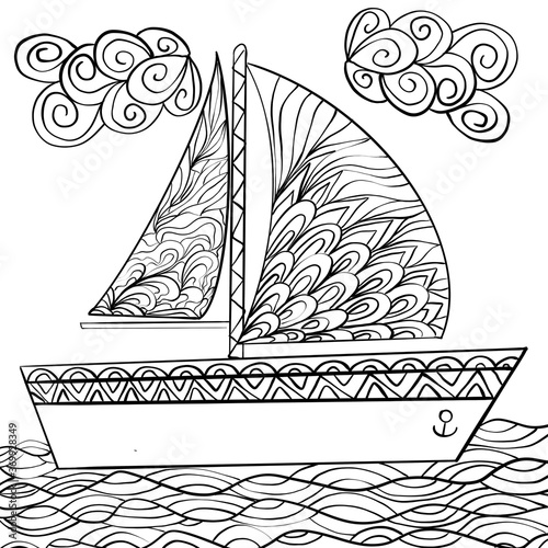 Ship on the waves with sails with patterns and ornaments for the design of books and websites antistress color therapy