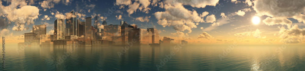 Beautiful panorama of the city on the seashore, skyscrapers above the water, 3D rendering