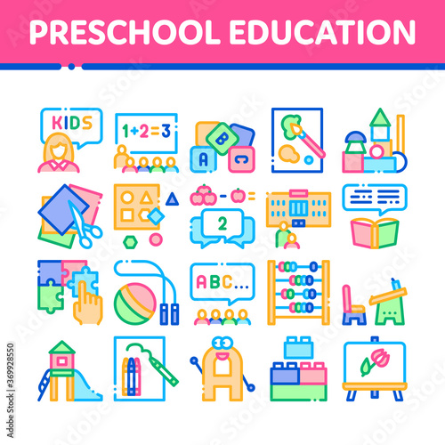 Preschool Education Collection Icons Set Vector. Preschool Educational Game And Lessons, Teacher And Kids, Painting And Count Concept Linear Pictograms. Color Contour Illustrations