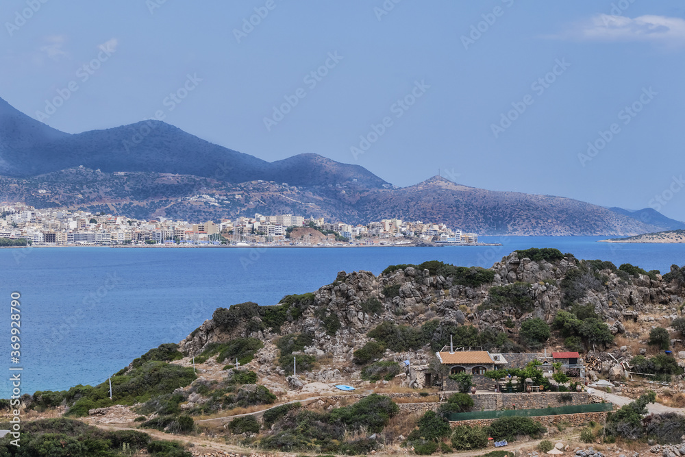 View of wonderful Mirabello Bay (Kolpos Mirampelou). Mirabello Bay is an embayment on eastern part of Crete, Greece. It is largest bay of Greek islands and fifth largest in Mediterranean Sea.