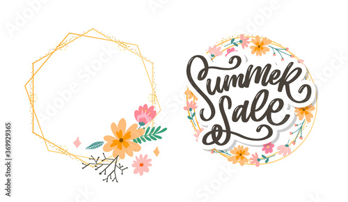 Trendy floral vector template. Summer flowers and Summer sale lettering illustration.