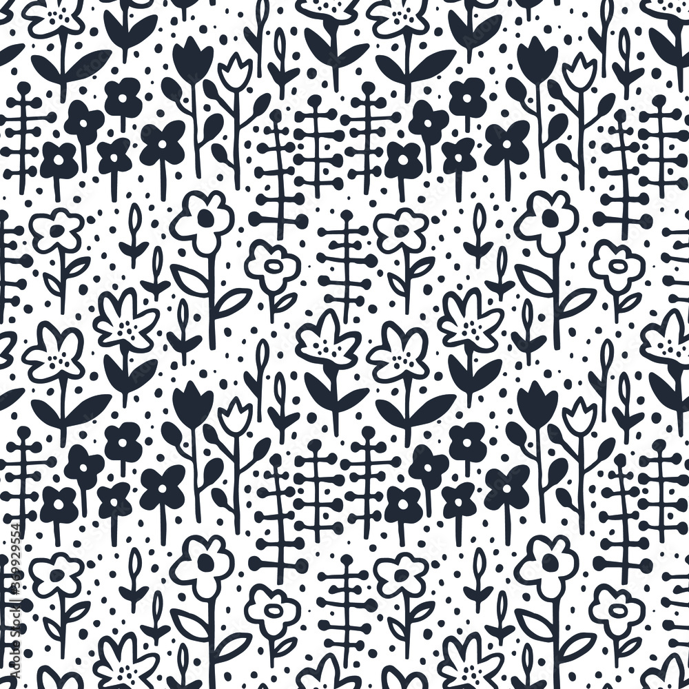 Seamless pattern with silhouette branch of leaves, flowers, dots, circles. Cute elegant flowers vector illustration. Background for poster or cover. Figure for textiles. Seamless pattern with silhouette branch of leaves, flowers, dots, circles. Cute elegant flowers vector illustration. Background for poster or cover. Figure for textiles.