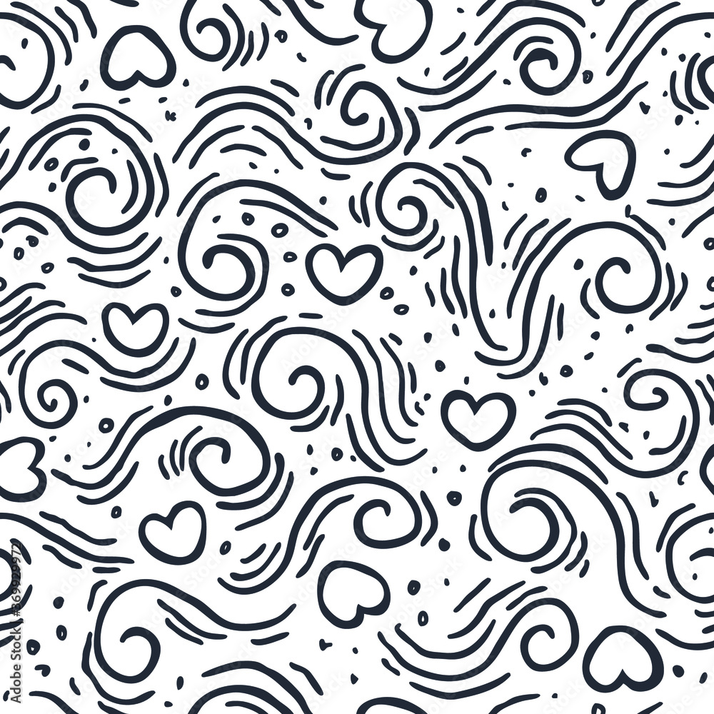Seamless pattern of swirling lines, dots, silhouette hearts. Image for a poster or cover. Vector illustration. Repeating texture. Figure for textiles.