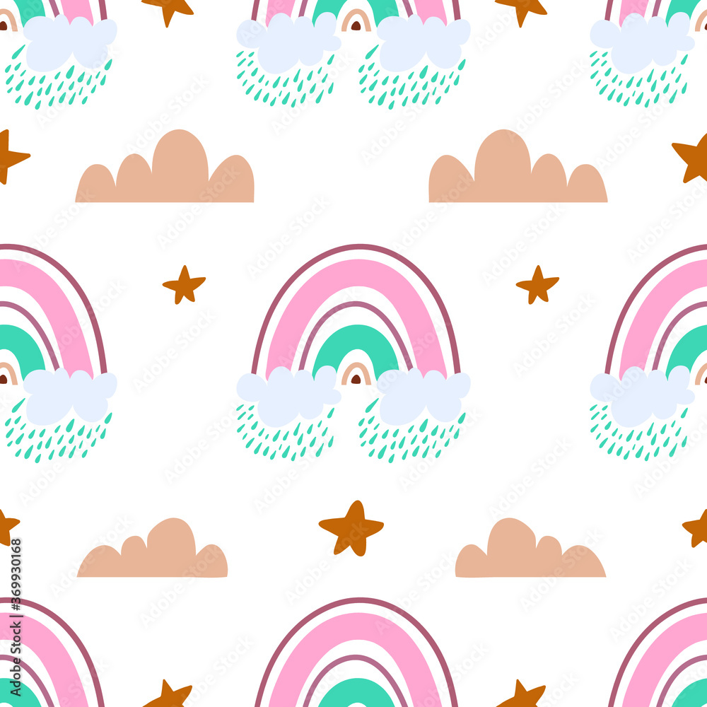 rainbow with clouds and raindrops on a white background in pastel colors. Scandinavian cute (childish) rainbow pattern. Vector illustration for branding, packaging printing rainbow with clouds and raindrops on a white background in pastel colors. Scandinavian cute (childish) rainbow pattern. Vector illustration for branding, packaging printing