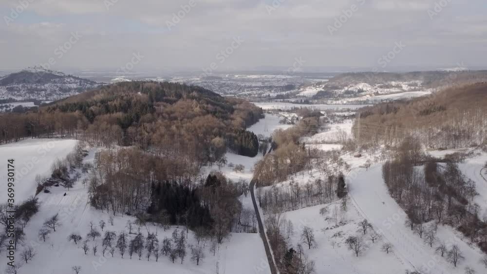 Aerial shot in winter - on hill Limburg near Weilheim an der Teck in Germany Aerial shot in winter - on hill Limburg near Weilheim an der Teck in Germany