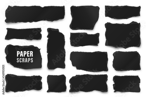 Ripped black paper strips. Realistic crumpled paper scraps with torn edges. Shreds of notebook pages. Vector illustration
