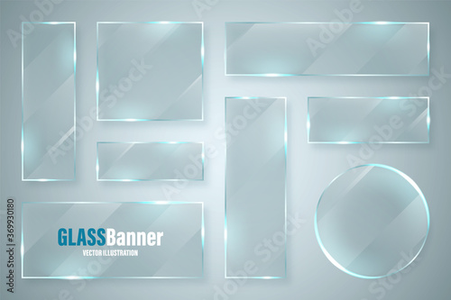 Glass frames collection. Realistic glossy transparent glass banner with glare. Vector design element.
