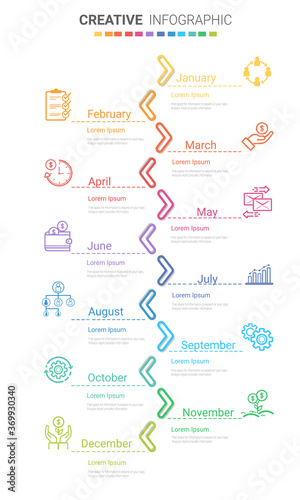 Timeline for 1 year, 12 months, infographics all month planner design and Presentation business can be used for Business concept with 12 options, steps or processes. 