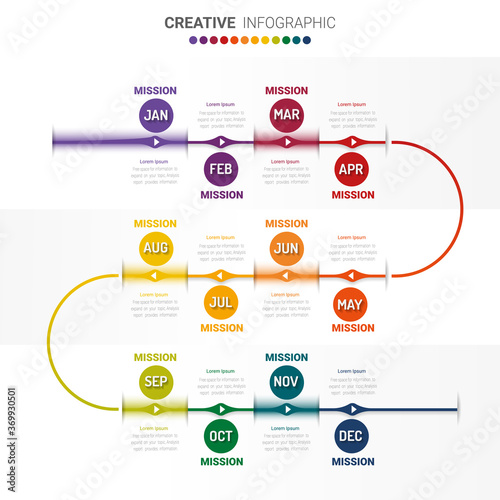 Timeline for 1 year, 12 months, infographics all month planner design and Presentation business can be used for Business concept with 12 options, steps or processes. 