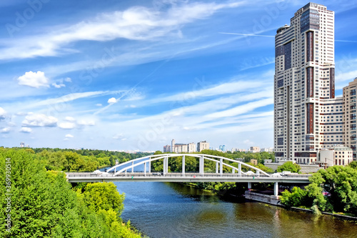 Photography scenic moscow city skyline with residential tower architecture landmark on bank of moscow river canal against blue sky background