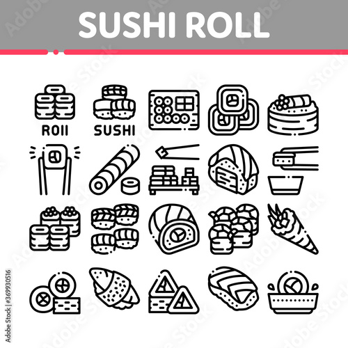 Sushi Roll Asian Dish Collection Icons Set Vector. Sushi Roll Set Japanese Traditional Food Cooked From Rice And Fish, Shrimp And Cheese Concept Linear Pictograms. Monochrome Contour Illustrations