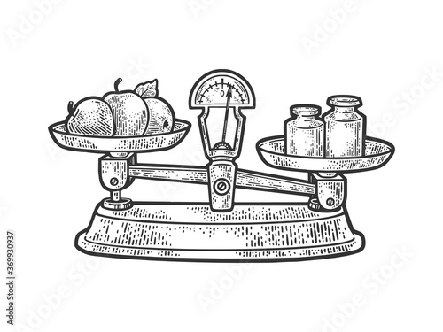 apples on scales sketch engraving vector illustration. T-shirt apparel print design. Scratch board imitation. Black and white hand drawn image.