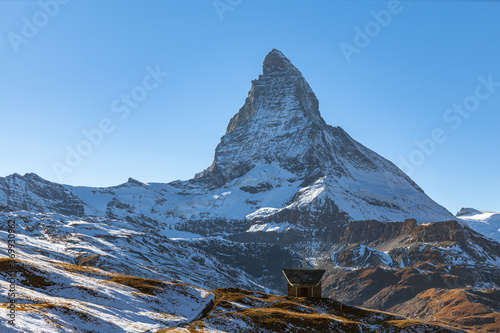 Stunning panorama view of the famous Matterhorn peak from Riffelberg Station