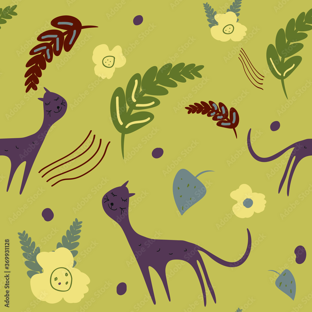 Obraz premium Abstract seamless pattern with cute cat and different leaves