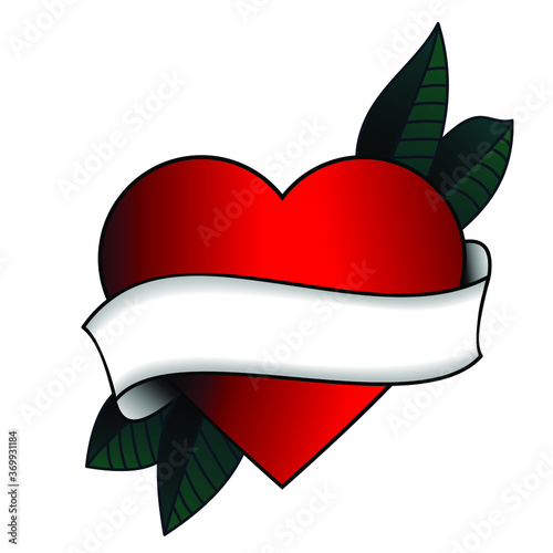 Heart with empty ribbon. Traditional tattoo of heart with ribbon isolated on white background, Old school vector image.