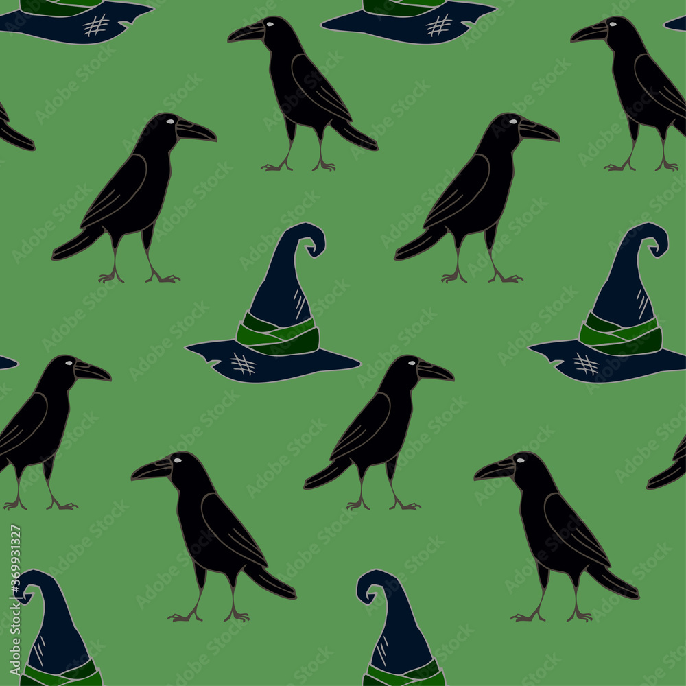 Seamless pattern with crows and hats on a green background Seamless pattern with crows and hats on a green background