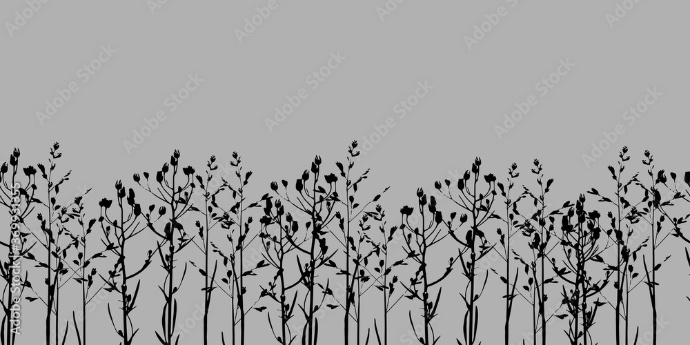 Border. Silhouettes of grass on a gray background. Vector